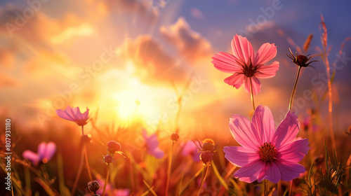 An enchanting panorama of a sunset over a meadow filled with cosmos flowers  their delicate petals dancing in the evening breeze.