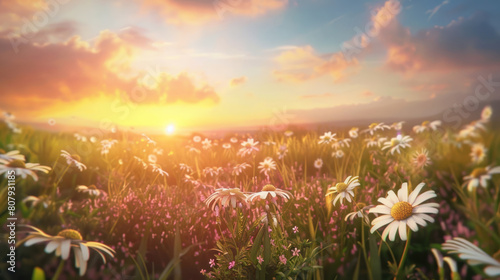 An enchanting panorama of a sunset over a meadow filled with daisies  their cheerful faces turned toward the sky as if basking in the warmth of the fading light.