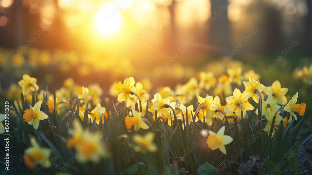 Fototapeta premium An idyllic scene of a sunset over a field of daffodils, their bright yellow blooms glowing in the soft, diffused light of evening.