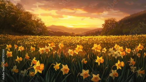 An idyllic scene of a sunset over a field of daffodils, their bright yellow blooms glowing in the soft, diffused light of evening.