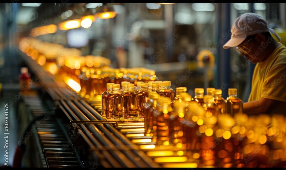 A man in protective is working on the production line of orange oil bottles, with many small glass vials filled with golden amber liquid arranged side by side along an iron conve A man in protective is working on the production line of orange oil bottles, with many small glass vials filled with golden amber liquid arranged side by side along an iron conve