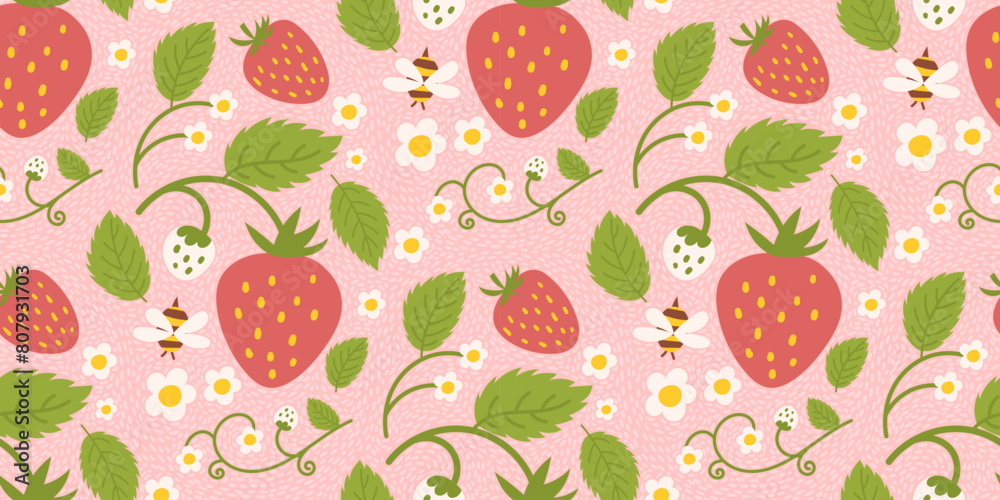 Strawberry-themed seamless pattern design featuring delightful berries, flowers, green leaves, and a tiny bee. Recurring surface design suitable for kid clothing, textiles, wrapping paper, and various Strawberry-themed seamless pattern design featuring delightful berries, flowers, green leaves, and a tiny bee. Recurring surface design suitable for kid clothing, textiles, wrapping paper, and various