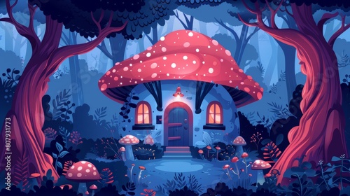 Cartoon fairytale forest house modern background. Fantasy magic countryside hut nature landscape with mushroom on roof. Summer park in fantasy woodland with fairy tale old building. © Mark