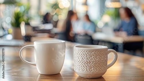 Close up of a coffee cup on a desk, office activity blurred behind