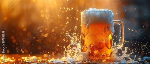 Draft beer in a tall, frosted mug, captured at the moment of pour, showcasing the dynamic splash and foam photo
