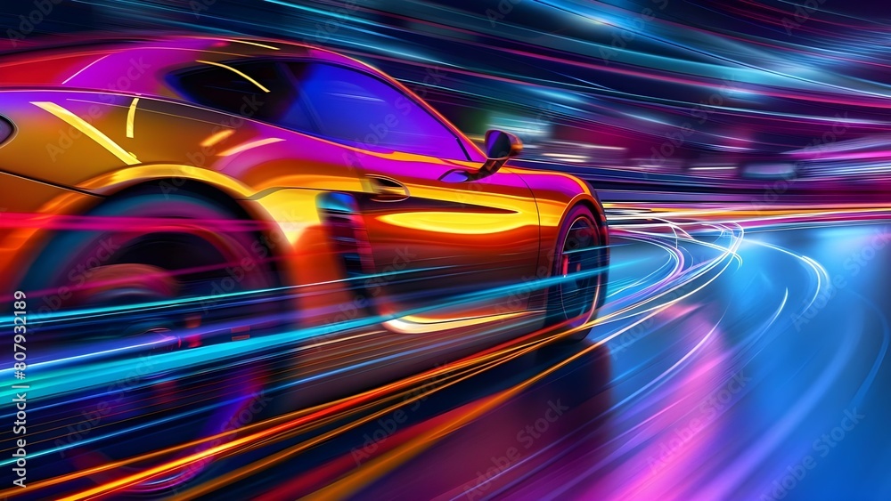 Speeding Through the City at Night: A Quick Car with Blurred Lights. Concept Night Photography, Car Lights, Motion Blur, Urban Scenes