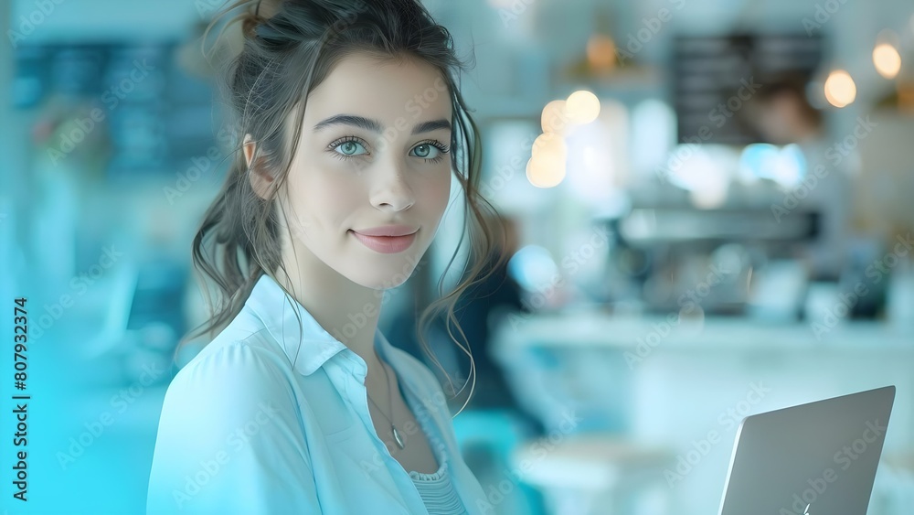 A young woman with a laptop in a cafe possibly a student or freelancer. Concept Casual Work Environment, Technology in Businesses, Work-Life Balance, Modern Workspace, Digital Nomad A young woman with a laptop in a cafe possibly a student or freelancer. Concept Casual Work Environment, Technology in Businesses, Work-Life Balance, Modern Workspace, Digital Nomad