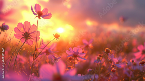 The ethereal beauty of a sunset over a field of cosmos flowers  their delicate blooms swaying gently in the evening breeze.