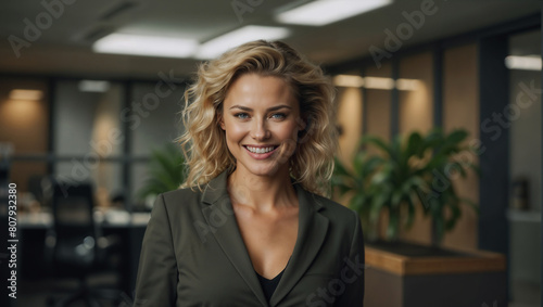 Bella donna con capelli biondi ricci sorride in un moderno ufficio con abito elegante photo