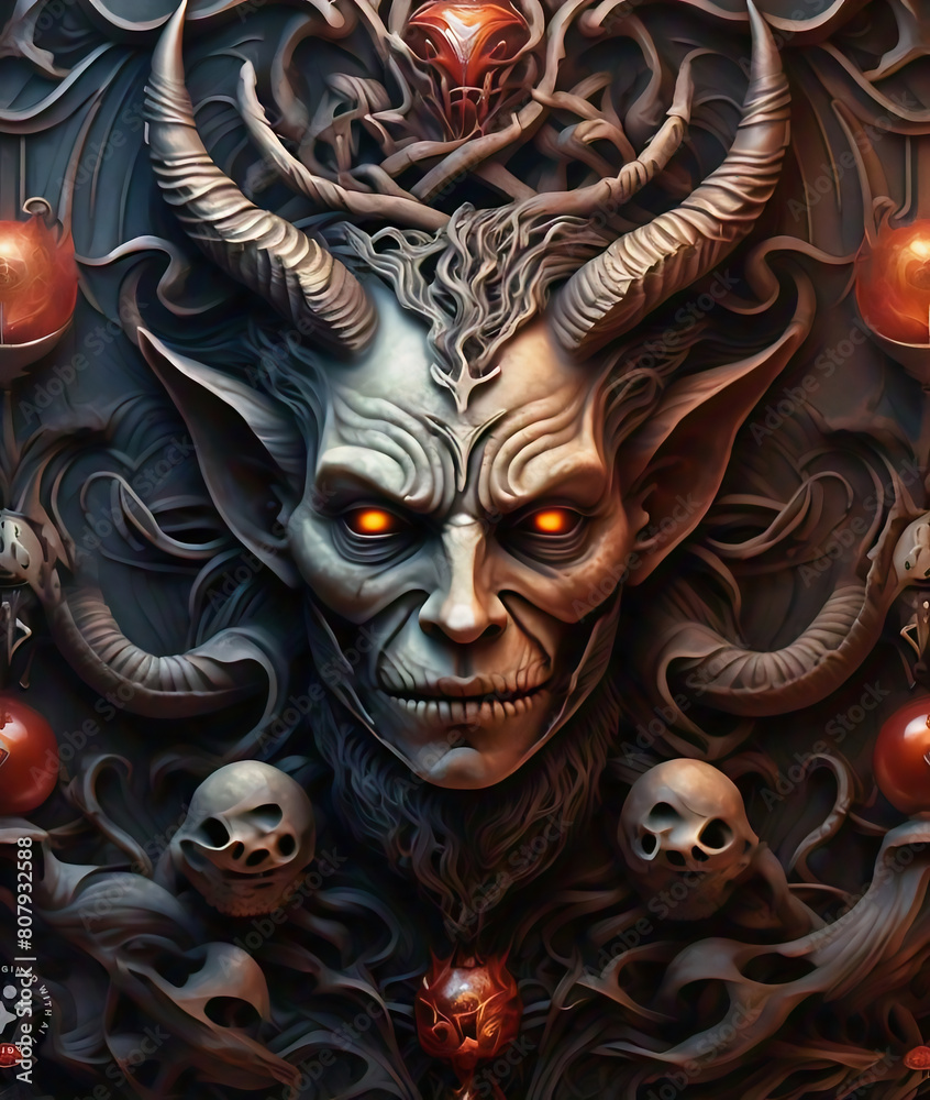 an evil demon statue with horns and skulls on a dark textured background in ancient temple wall