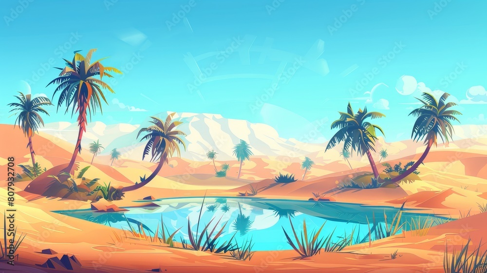 The oasis in a desert with palm trees and water. Summer landscape with sand dunes, water, green plants and grass.