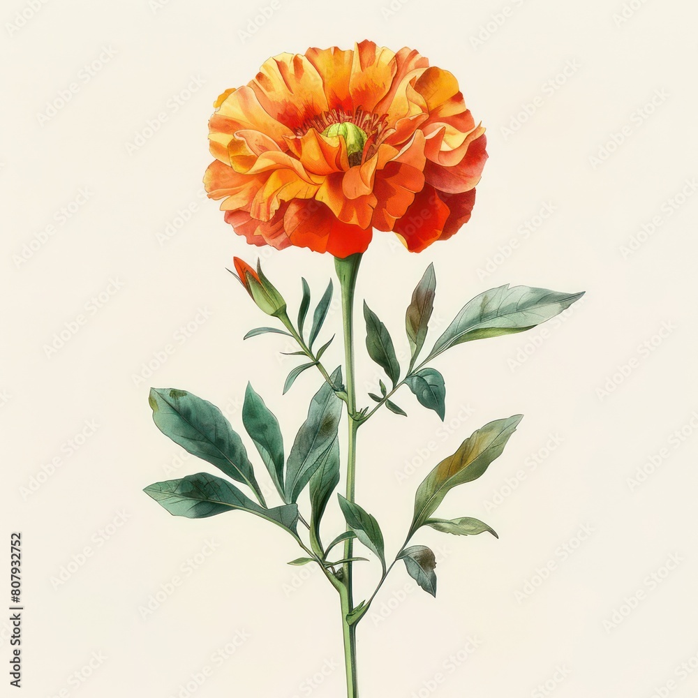 marigold stem flower watercolor paint on white background marigold stem flower watercolor paint on white background