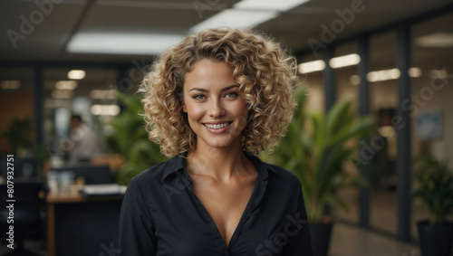 Bella donna con capelli biondi ricci sorride in un moderno ufficio con abito elegante photo