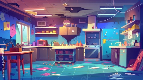 Kitchen interior of an abandoned restaurant. Modern cartoon illustration of dirty cooking equipment, cobwebs and stains on furniture, broken fridge, oven, microwave, and garbage on the floor. © Mark