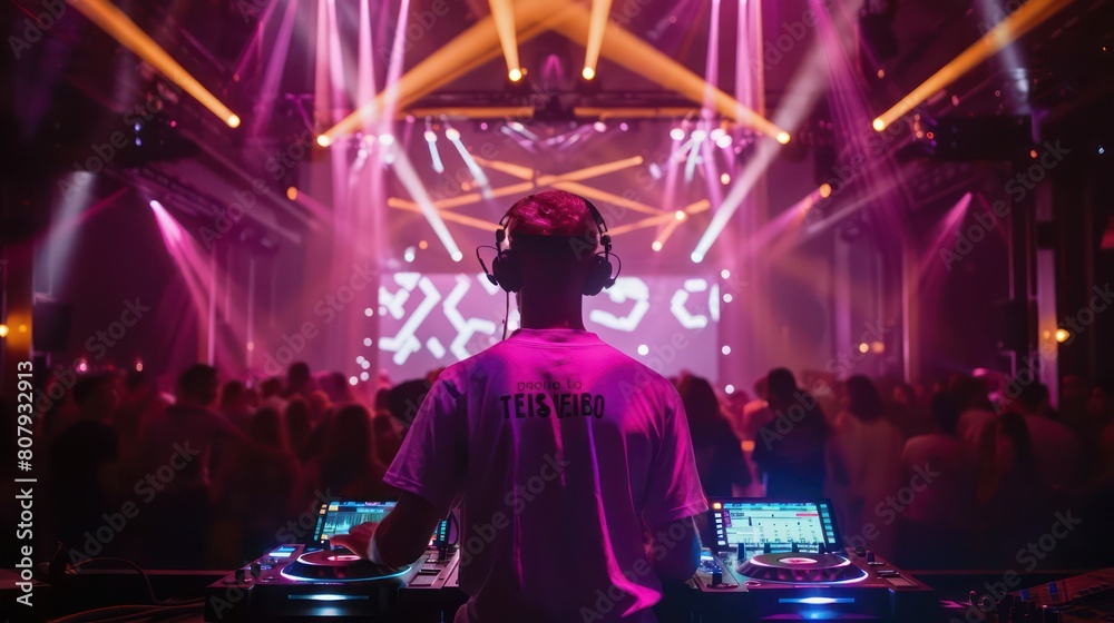 DJ playing in front of an audience at the club, surrounded by vibrant lights and smoke machine effects DJ playing in front of an audience at the club, surrounded by vibrant lights and smoke machine effects