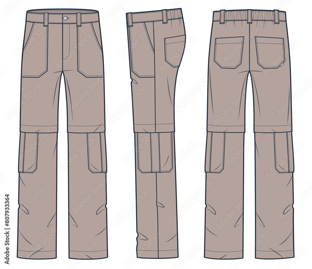Cargo Pants technical fashion Illustration. Denim Pants fashion flat technical drawing template, pockets, elastic waist, front, side and back view, brown color, women, men, unisex CAD mockup set. Cargo Pants technical fashion Illustration. Denim Pants fashion flat technical drawing template, pockets, elastic waist, front, side and back view, brown color, women, men, unisex CAD mockup set.