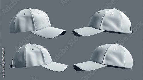 The mockup shows the baseball cap from four different angles - front, back, three quarters and side. The mockup includes realistic modern templates of gray snapbacks with visors and cotton clothing photo