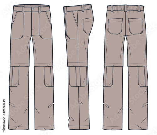 Cargo Pants technical fashion Illustration. Denim Pants fashion flat technical drawing template, pockets, elastic waist, front, side and back view, brown color, women, men, unisex CAD mockup set.