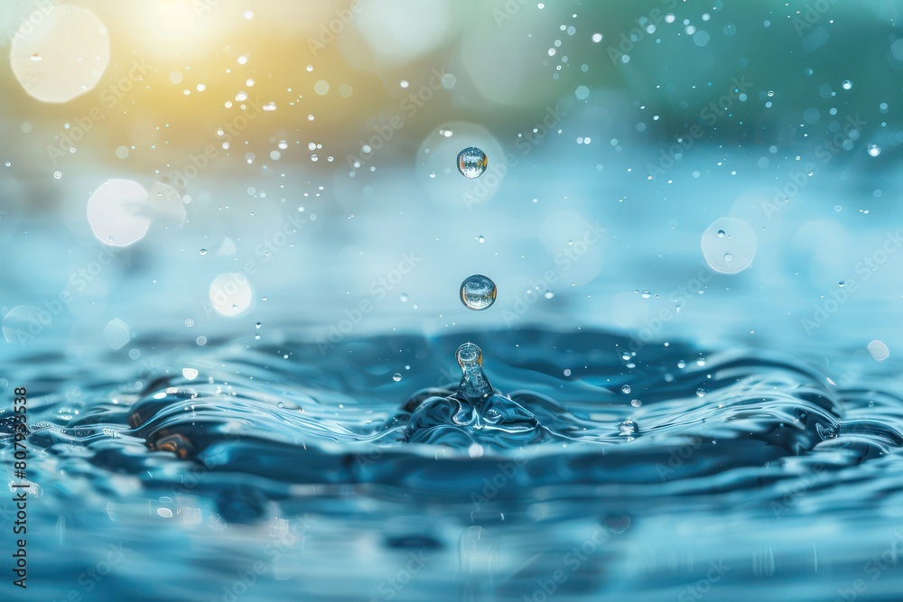 water drop falling on water surface with light blue sky water drop falling on water surface with light blue sky