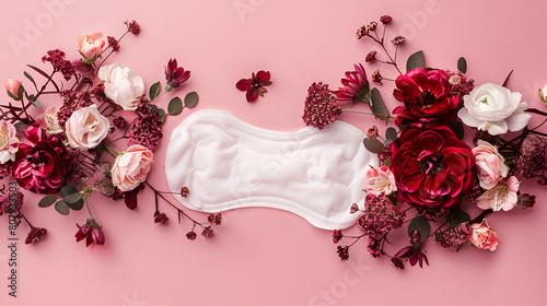 Female sanitary pad with roses and pink background copy space. Women's menstrual hygiene concept photo