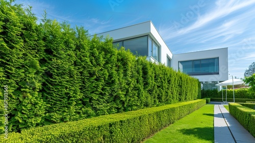 thuja occidentalis emerald hedge, hedge long and uniform, very healthy, in modern garden, modern white house photo