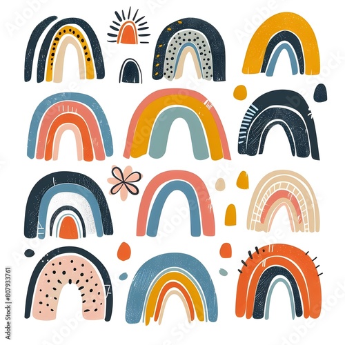 Children rainbow abstract large set. Creative doodle textures handdrawn colored half rings minimalistic scandinavian style colorful curved lines.