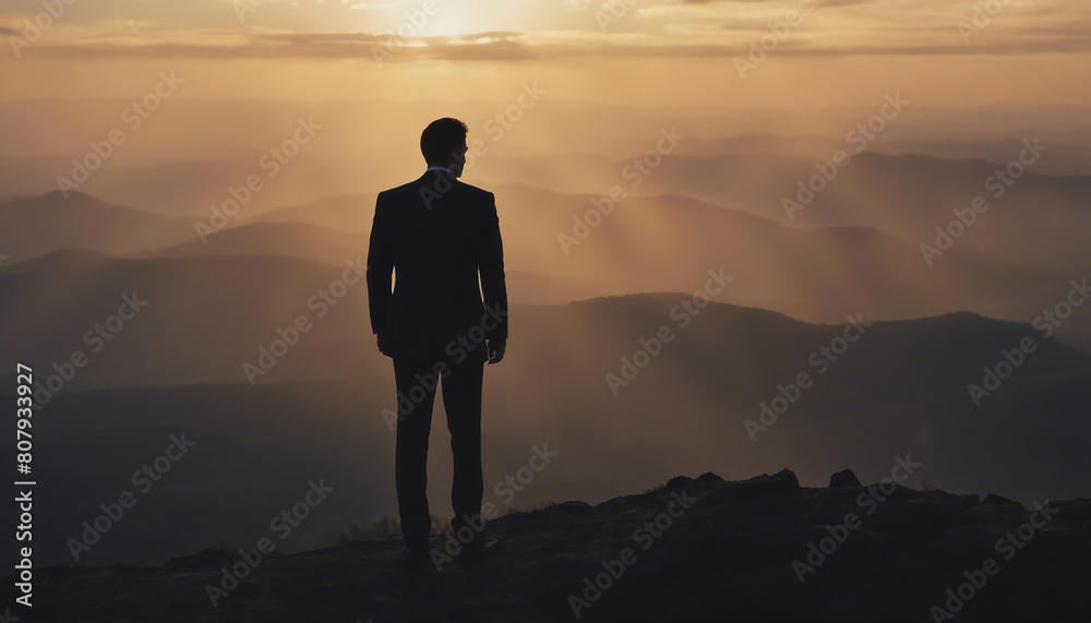 silhouette of a businessman in a suit standing on a high mountain peak
silhouette of a businessman in a suit standing on a high mountain peak