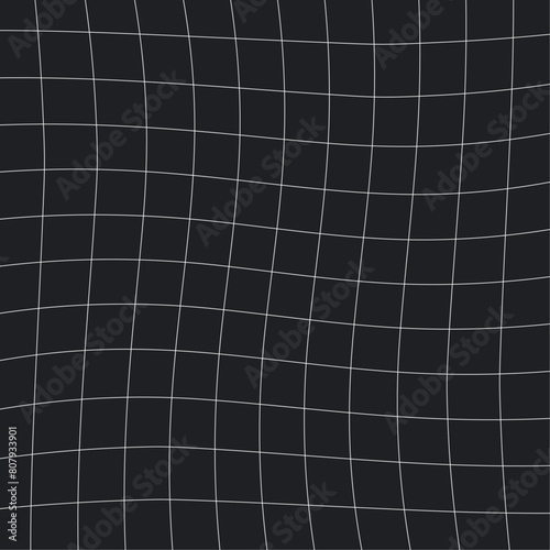 Original distorted white grid on black background.Vector grid for y2k promo banners. For promotion, social networks. © Sedenkova