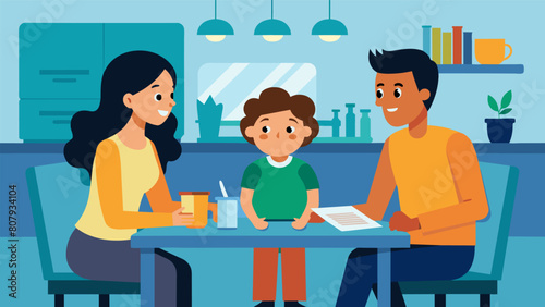 A family sitting around a kitchen table discussing the pros and cons of taking out a Parent PLUS loan for their childs education.. Vector illustration