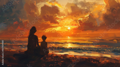 The quiet moment of reflection shared between a mother and her child as they watch the sunset together.