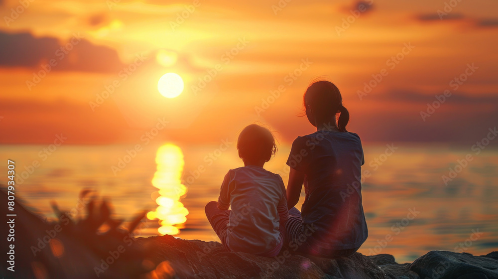 The quiet moment of reflection shared between a mother and her child as they watch the sunset together.