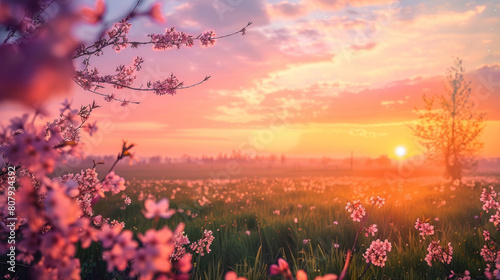 The serene beauty of a sunset over a field of delicate cherry blossoms  the sky ablaze with hues of pink and orange.