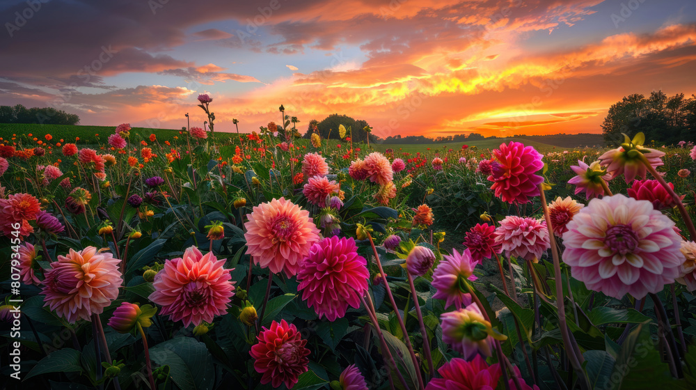 Fototapeta premium The serene majesty of a sunset over a field of dahlia flowers, their bold colors and intricate patterns creating a feast for the eyes.
