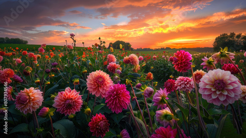 The serene majesty of a sunset over a field of dahlia flowers  their bold colors and intricate patterns creating a feast for the eyes.