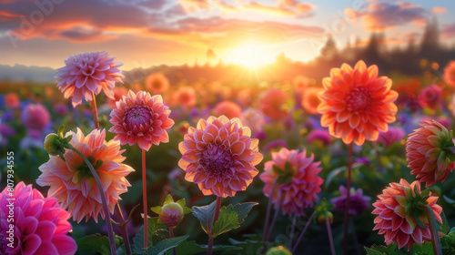 The serene majesty of a sunset over a field of dahlia flowers, their bold colors and intricate patterns creating a feast for the eyes. photo