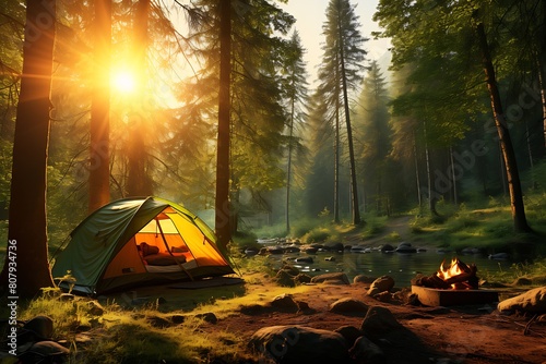 Camping tent in the mountains at sunset. Travel and adventure concept.