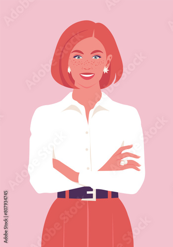 Portrait of a red-haired woman with freckles stands with arms crossed. Diversity. Vector flat illustration