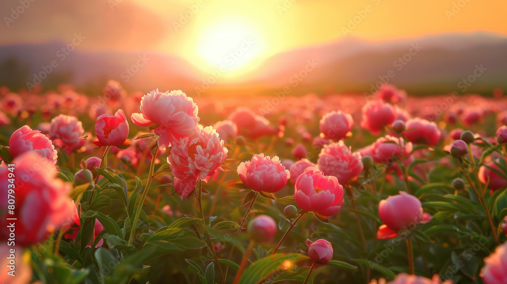 The serene majesty of a sunset over a field of peony flowers, their lush blooms bathed in the warm, golden light of dusk.