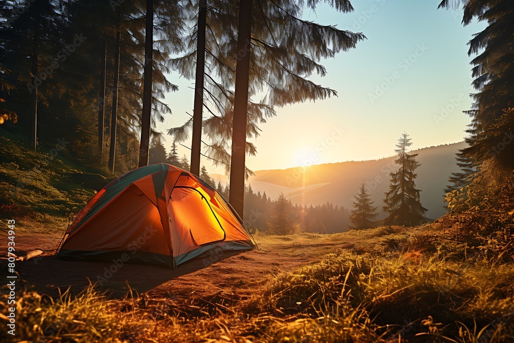 Camping tent in the mountains at sunset. Travel and adventure concept.