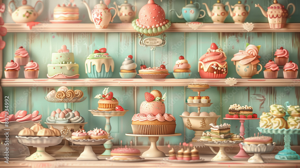 Vintage Illustration of Desserts on Bakery Shelves
