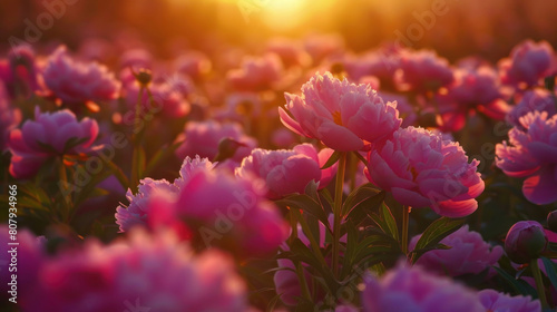 The serene majesty of a sunset over a field of peony flowers  their lush blooms bathed in the warm  golden light of dusk.