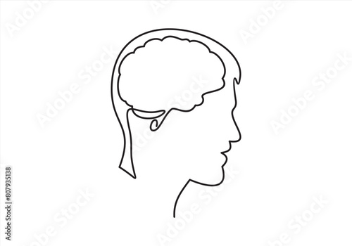 Human head with brain icon, brain symbol in line style isolated on white background, vector illustration.