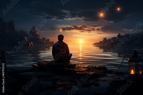 Man sitting on a rock in the middle of the sea at night © Creative