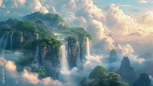 Craft an image of paradise against fantastical backgrounds