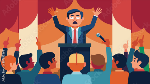 A politicians rally speech with the shadow of fear present in the audiences fearful expressions as they hang onto every word..