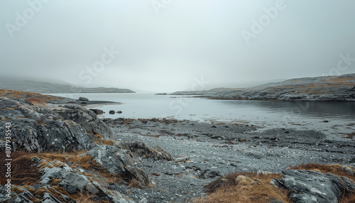 A foggy, rocky shoreline with a body of water in the background