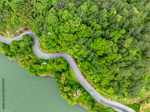 Fototapeta Naklejka Na Ścianę i Meble -  Overview of green bamboo forest and winding mountain road