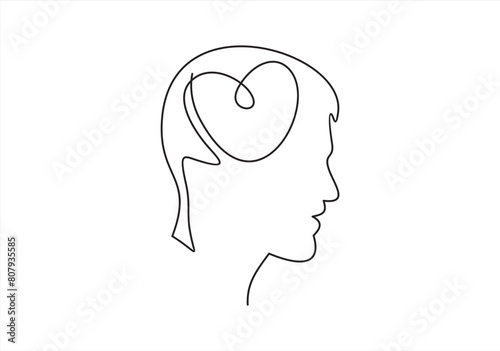 One line icon thinking with heart concept.Vector minimal continuous line logo design. Human head, face profile illustration.