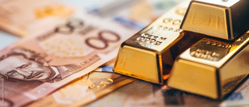 Gold bars over banknotes background Gold bars over banknotes background
