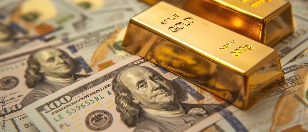 Gold bars over banknotes background Gold bars over banknotes background